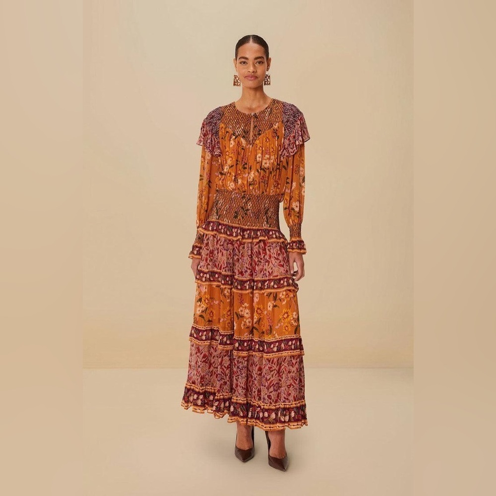 FARM Rio - Colorful Birds Camel Smocking Long Sleeve Maxi Dress DT